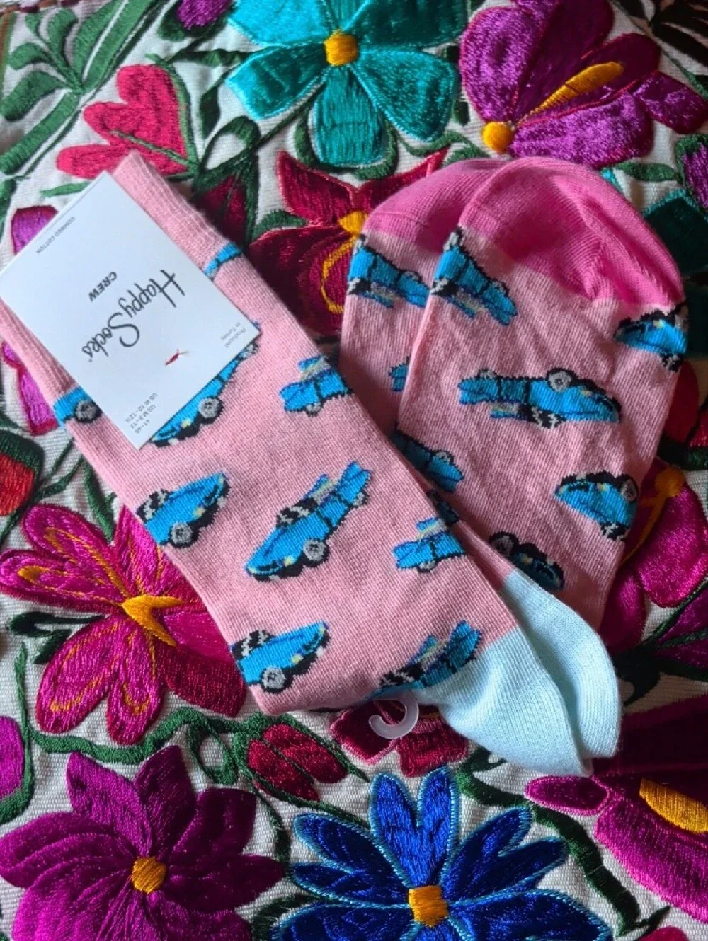 Happy Socks Pink Crew Socks with Blue Fish Motif